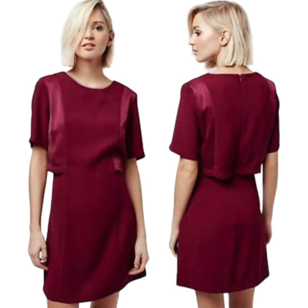 Topshop Dress Bolero Satin Overlay Back A-line Short Sleeve Burgundy Mini Short